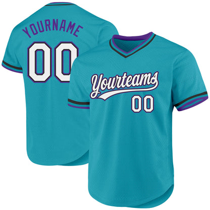 Custom Teal Black-Purple Authentic Throwback Baseball Jersey - Sky-Custom