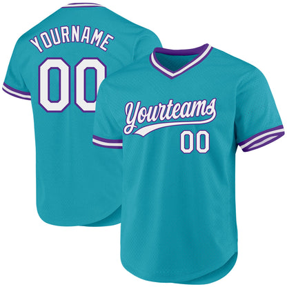 Custom Teal White-Purple Authentic Throwback Baseball Jersey - Sky-Custom