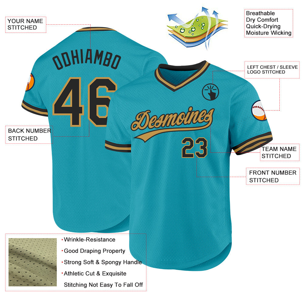 Custom Teal Black-Old Gold Authentic Throwback Baseball Jersey - Sky-Custom