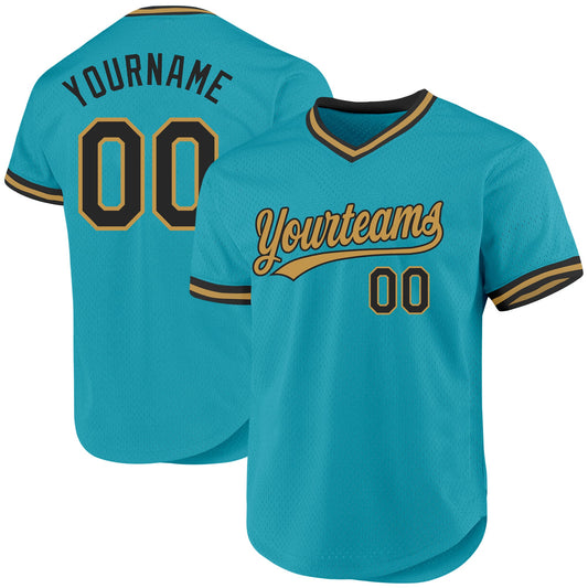 Custom Teal Black-Old Gold Authentic Throwback Baseball Jersey - Sky-Custom