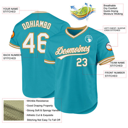 Custom Teal White-Old Gold Authentic Throwback Baseball Jersey - Sky-Custom