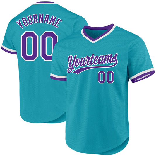 Custom Teal Purple-White Authentic Throwback Baseball Jersey - Sky-Custom