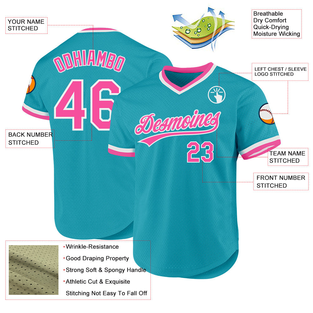 Custom Teal Pink-White Authentic Throwback Baseball Jersey - Sky-Custom