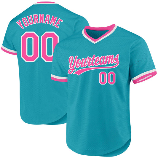 Custom Teal Pink-White Authentic Throwback Baseball Jersey - Sky-Custom