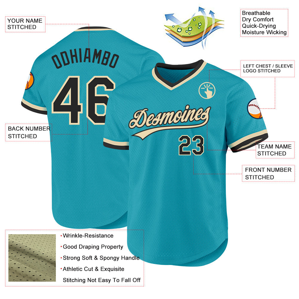 Custom Teal Black-Cream Authentic Throwback Baseball Jersey - Sky-Custom