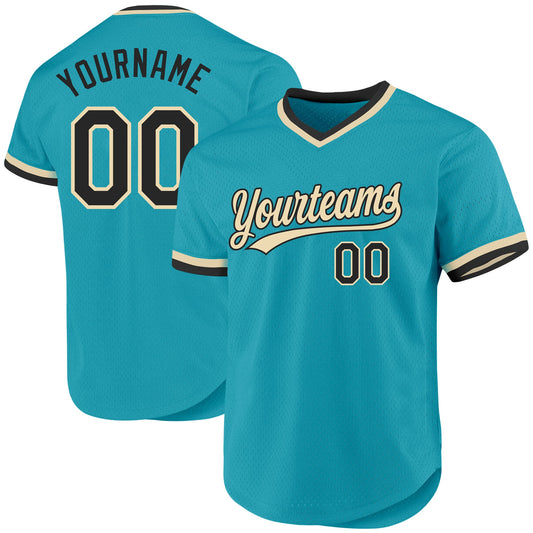 Custom Teal Black-Cream Authentic Throwback Baseball Jersey - Sky-Custom