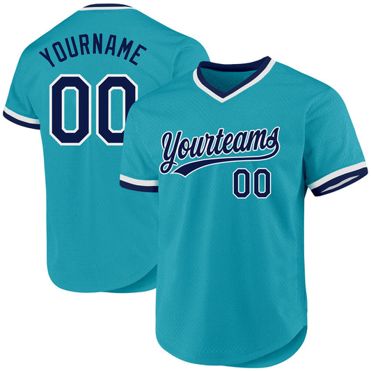 Custom Teal Navy-White Authentic Throwback Baseball Jersey - Sky-Custom