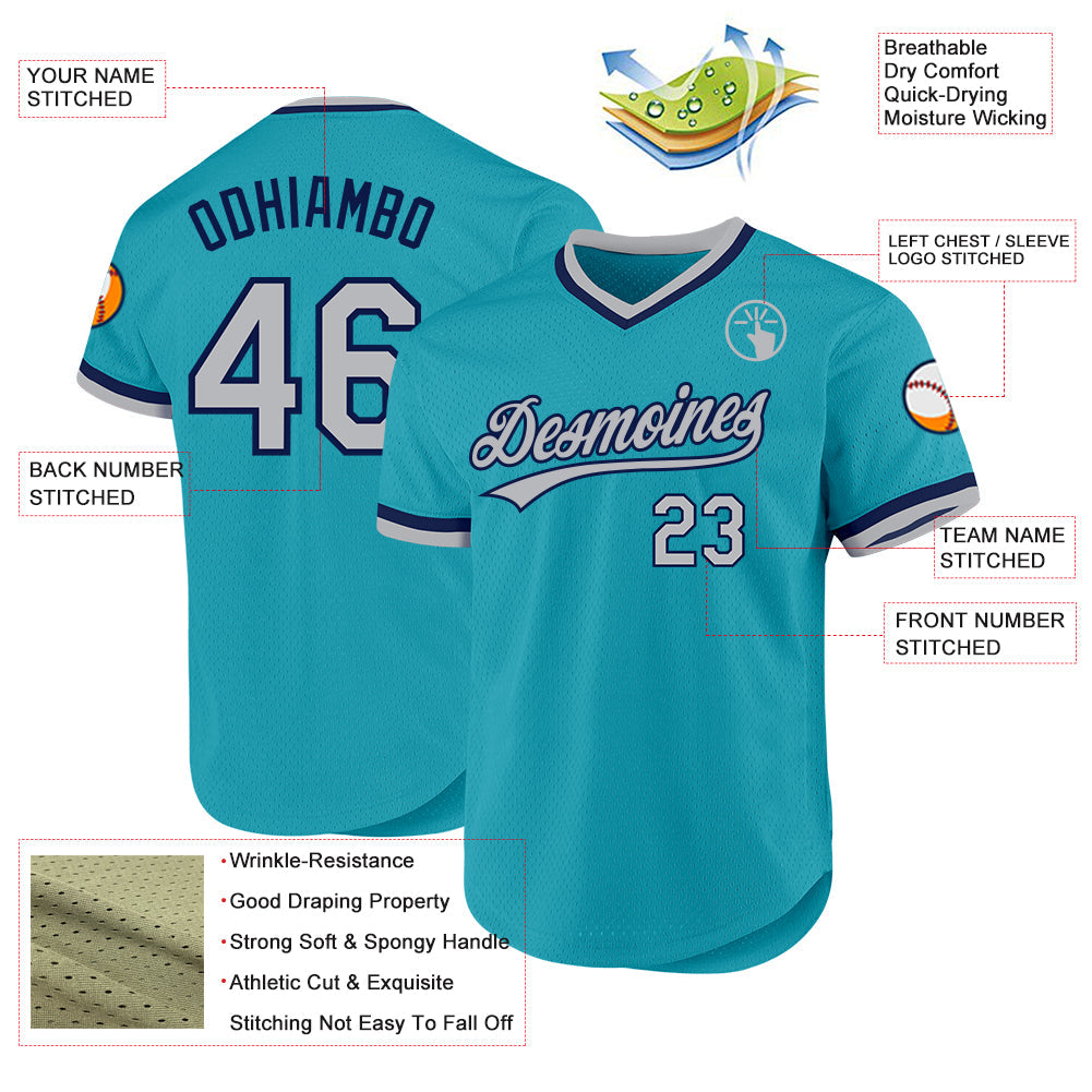 Custom Teal Gray-Navy Authentic Throwback Baseball Jersey - Sky-Custom