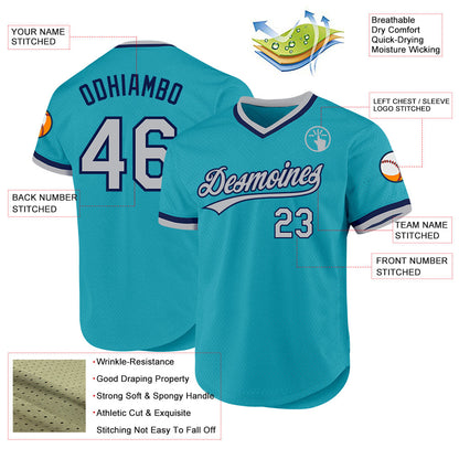 Custom Teal Gray-Navy Authentic Throwback Baseball Jersey - Sky-Custom