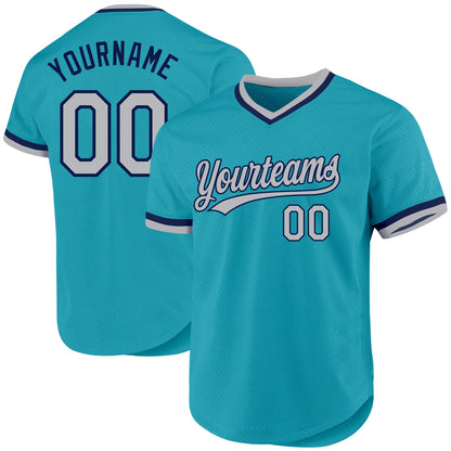 Custom Teal Gray-Navy Authentic Throwback Baseball Jersey - Sky-Custom