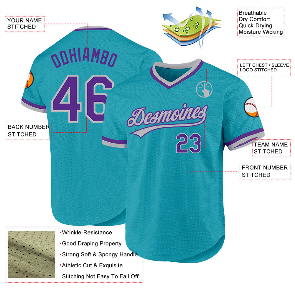 Custom Teal Purple-Gray Authentic Throwback Baseball Jersey - Sky-Custom