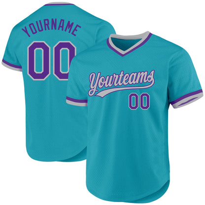 Custom Teal Purple-Gray Authentic Throwback Baseball Jersey - Sky-Custom