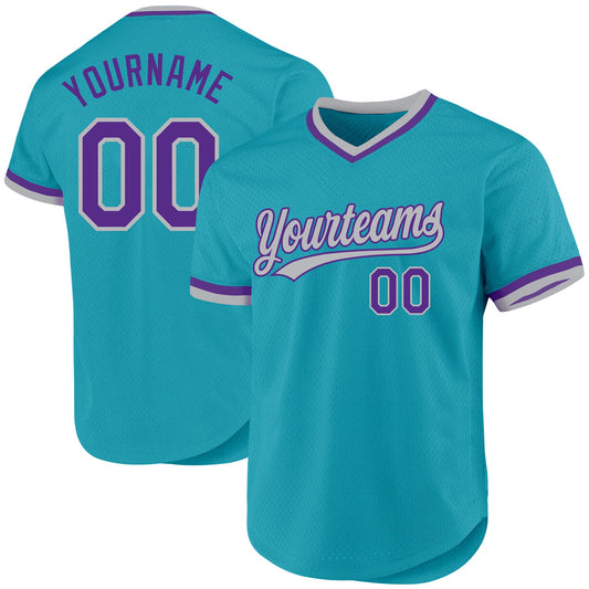 Custom Teal Purple-Gray Authentic Throwback Baseball Jersey - Sky-Custom