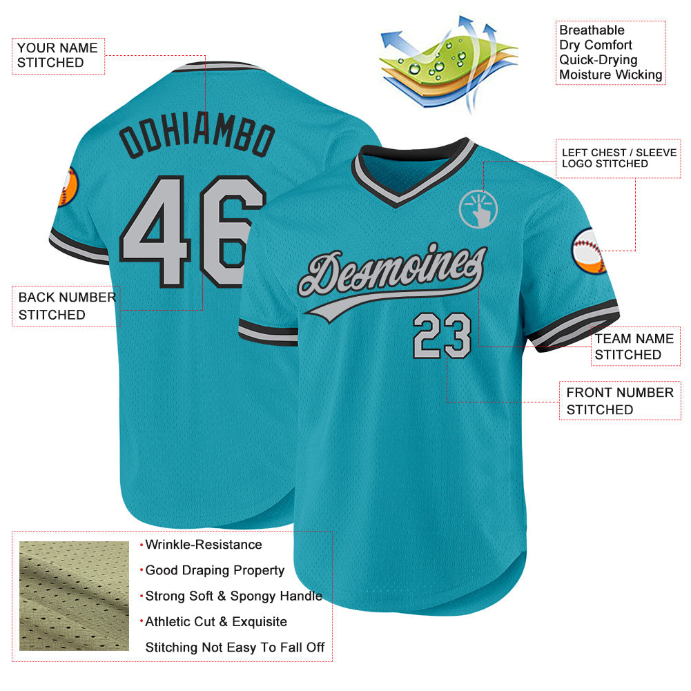Custom Teal Gray-Black Authentic Throwback Baseball Jersey - Sky-Custom