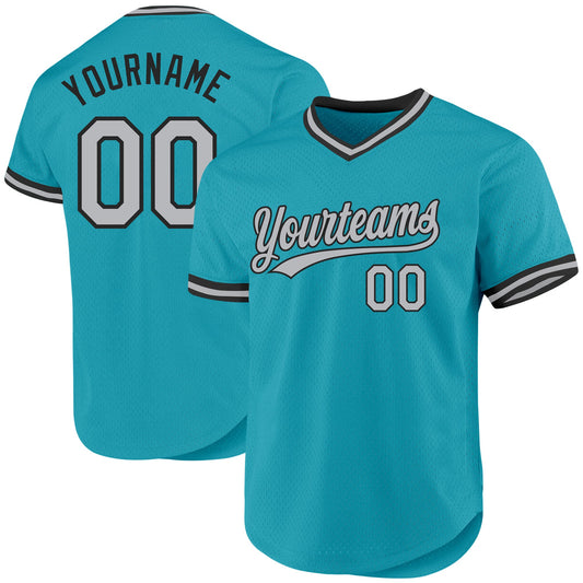 Custom Teal Gray-Black Authentic Throwback Baseball Jersey - Sky-Custom