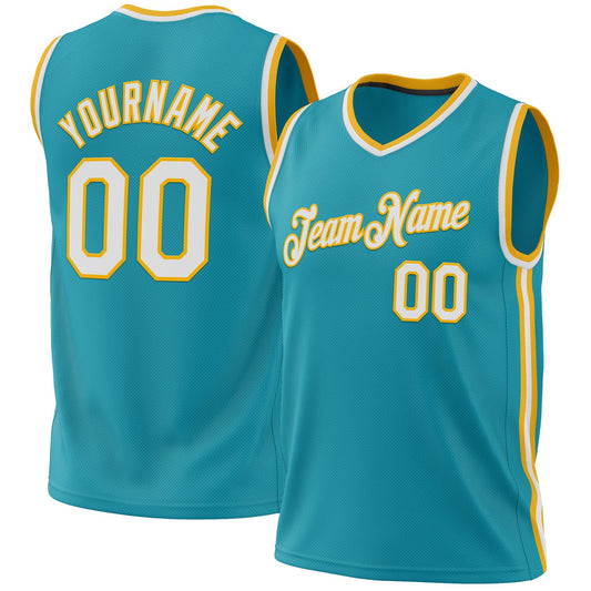 Custom Teal White-Gold Authentic Throwback Basketball Jersey - Sky-Custom