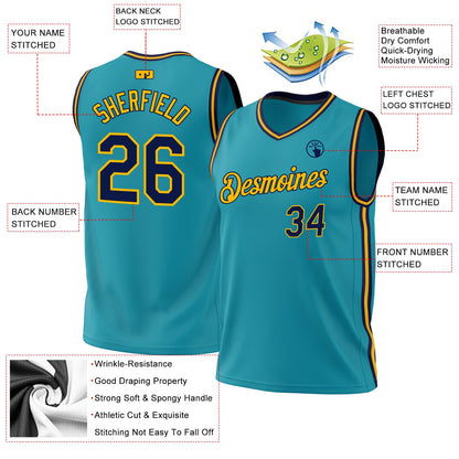 Custom Teal Navy-Gold Authentic Throwback Basketball Jersey - Sky-Custom