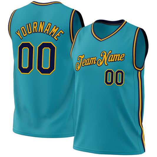 Custom Teal Navy-Gold Authentic Throwback Basketball Jersey - Sky-Custom