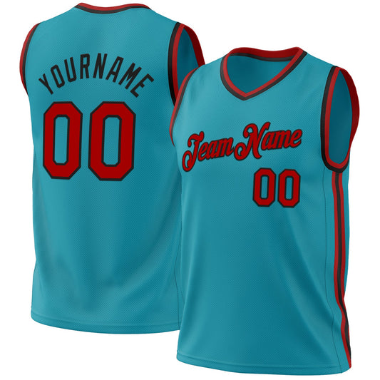 Custom Teal Red-Black Authentic Throwback Basketball Jersey - Sky-Custom