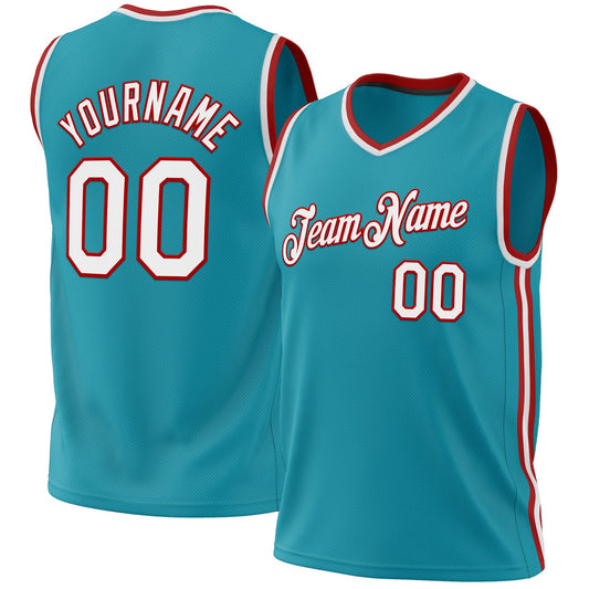 Custom Teal White-Red Authentic Throwback Basketball Jersey - Sky-Custom