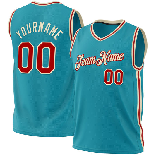 Custom Teal Red-Cream Authentic Throwback Basketball Jersey - Sky-Custom