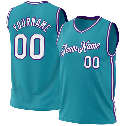 Custom Teal White-Purple Authentic Throwback Basketball Jersey - Sky-Custom