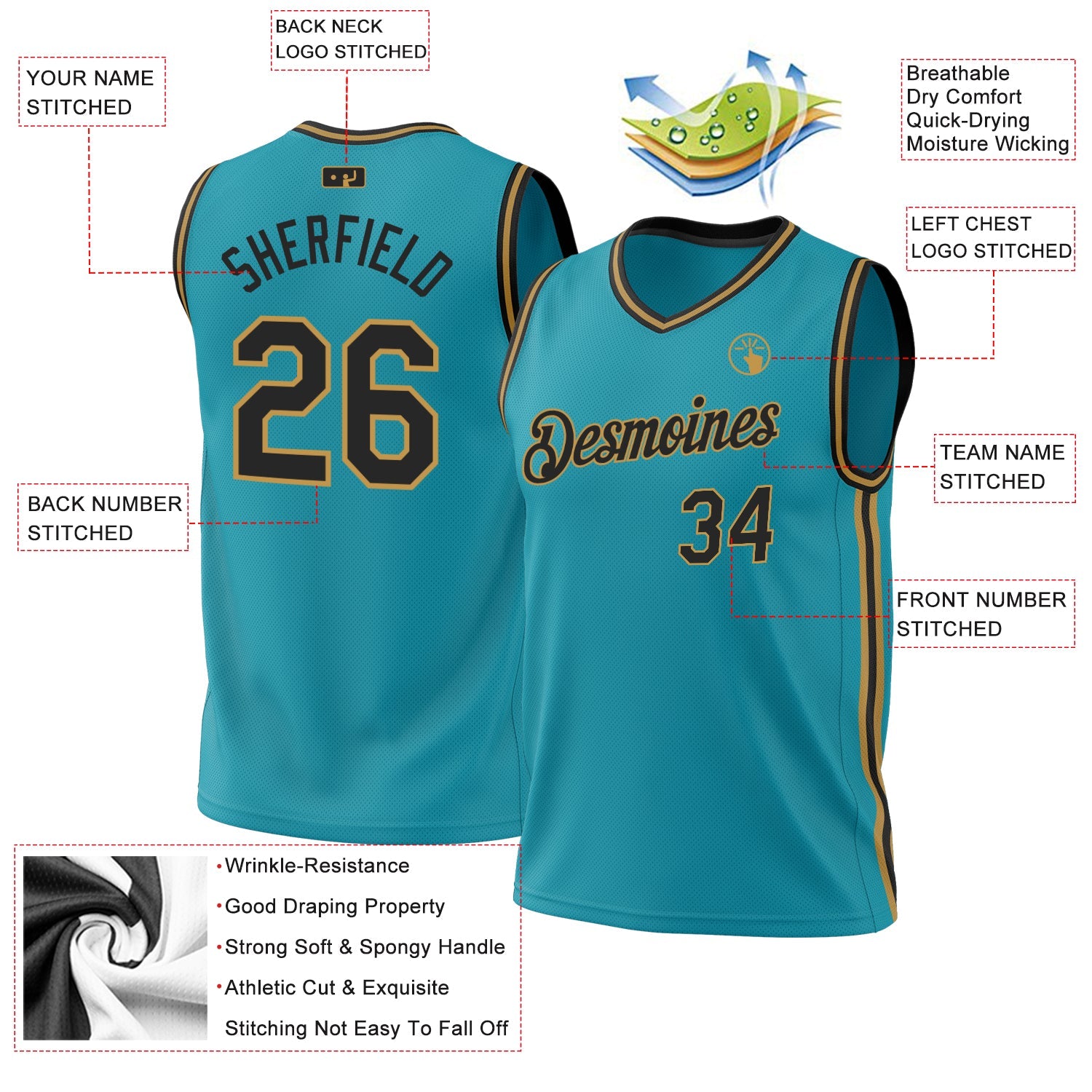 Custom Teal Black-Old Gold Authentic Throwback Basketball Jersey - Sky-Custom