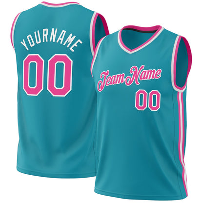 Custom Teal Pink-White Authentic Throwback Basketball Jersey - Sky-Custom