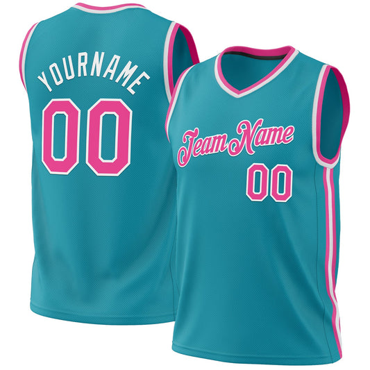 Custom Teal Pink-White Authentic Throwback Basketball Jersey - Sky-Custom