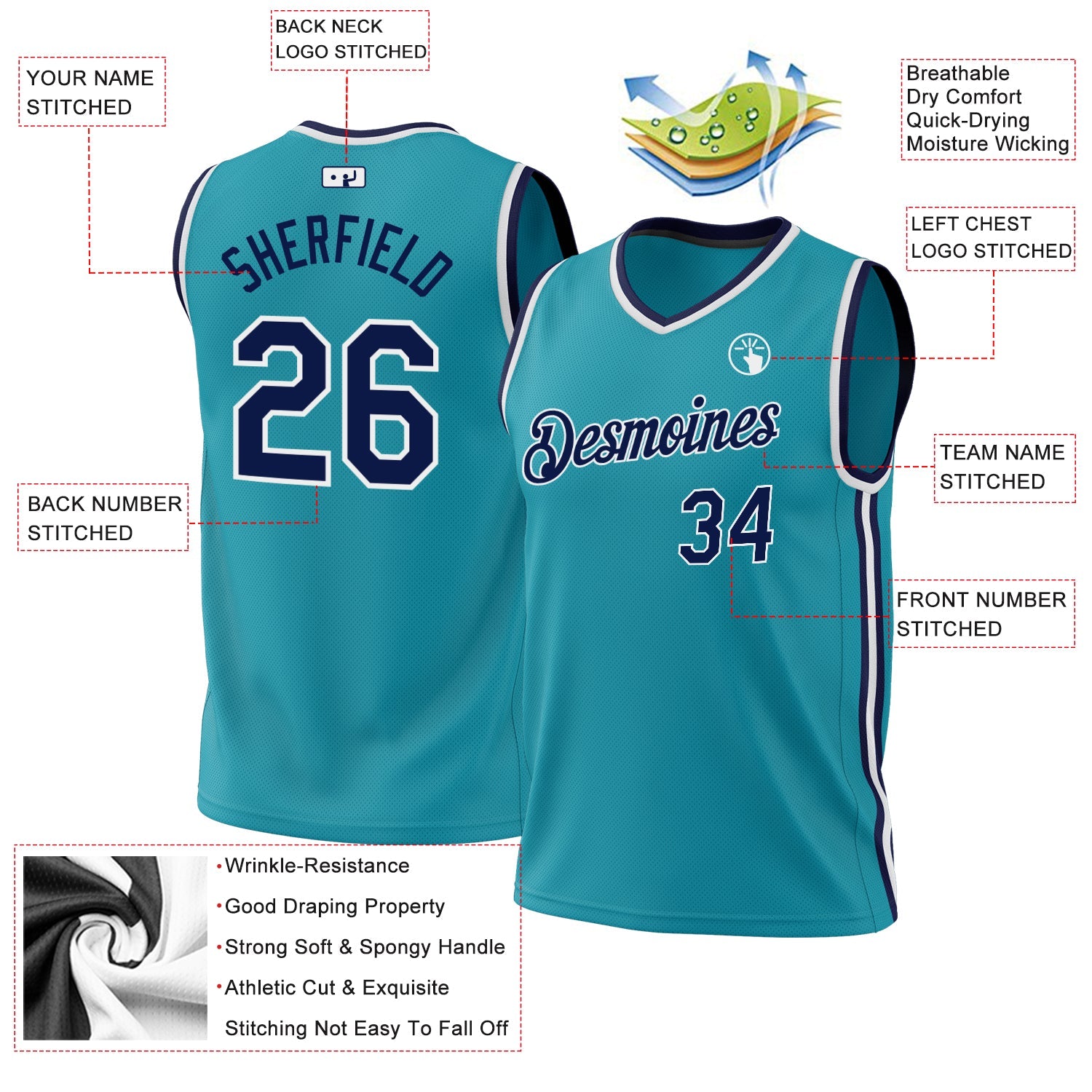 Custom Teal Navy-White Authentic Throwback Basketball Jersey - Sky-Custom