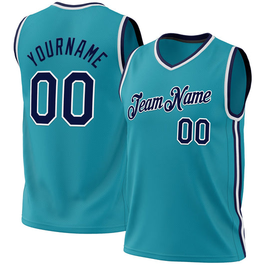 Custom Teal Navy-White Authentic Throwback Basketball Jersey - Sky-Custom