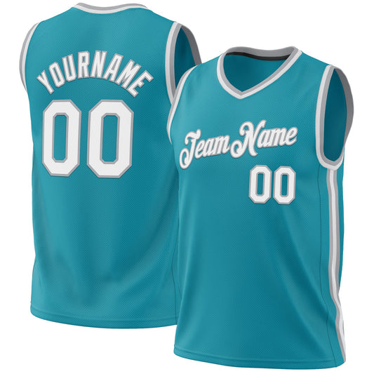Custom Teal White-Gray Authentic Throwback Basketball Jersey - Sky-Custom