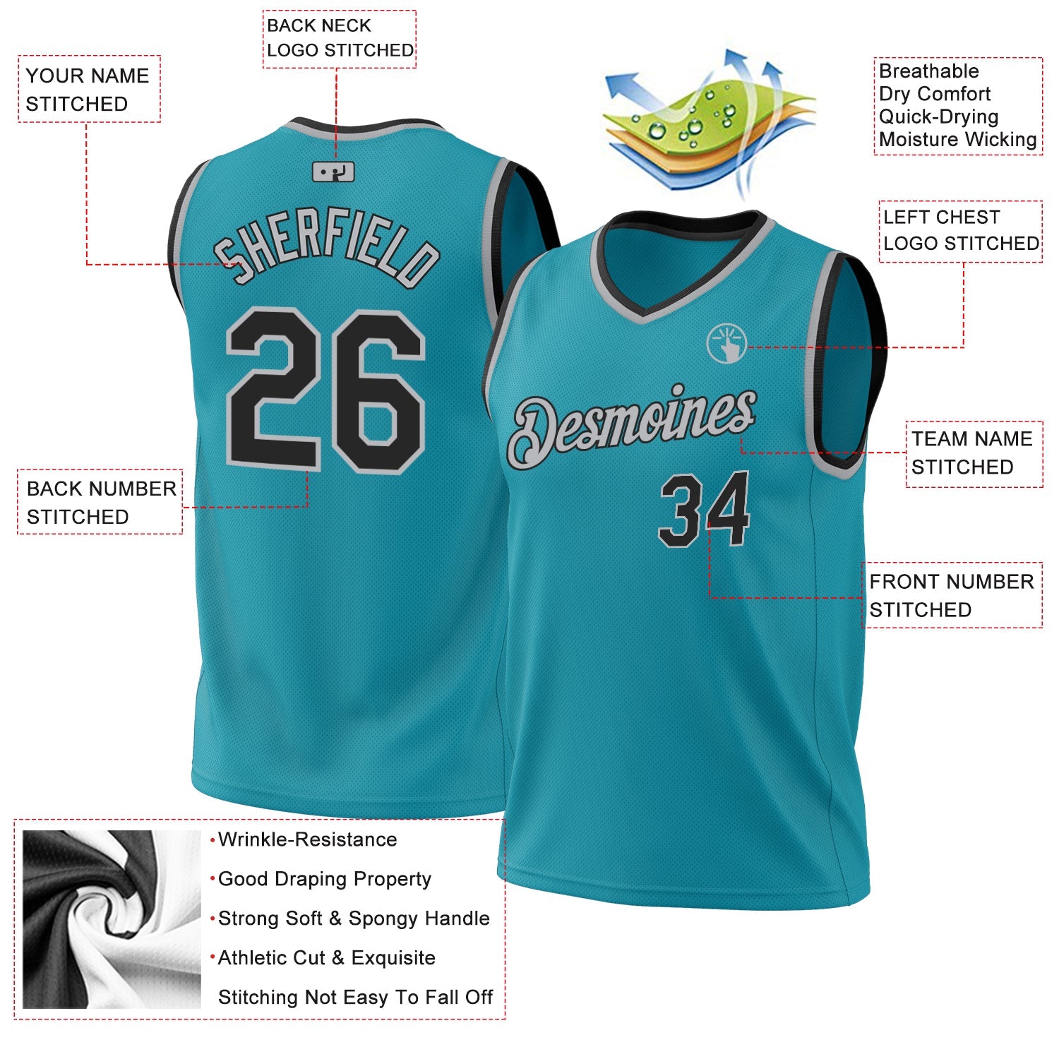 Custom Teal Black-Gray Authentic Throwback Basketball Jersey - Sky-Custom
