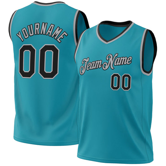 Custom Teal Black-Gray Authentic Throwback Basketball Jersey - Sky-Custom
