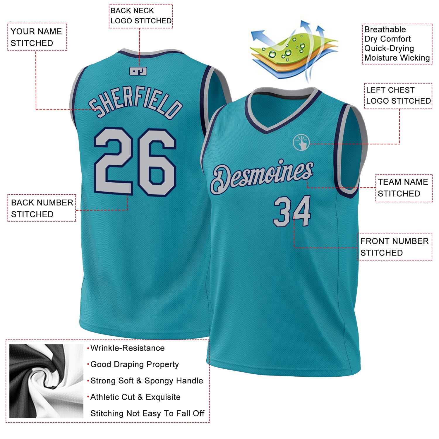 Custom Teal Gray-Navy Authentic Throwback Basketball Jersey - Sky-Custom