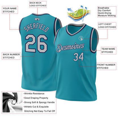 Custom Teal Gray-Navy Authentic Throwback Basketball Jersey - Sky-Custom