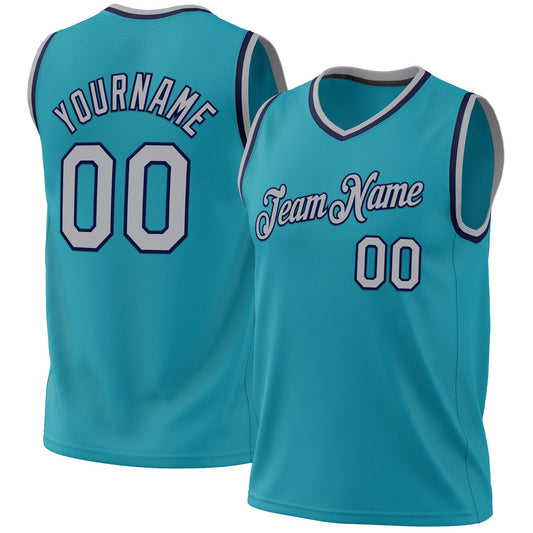 Custom Teal Gray-Navy Authentic Throwback Basketball Jersey - Sky-Custom
