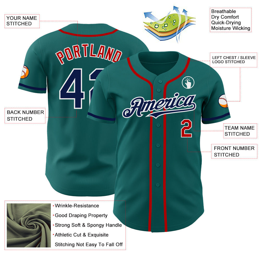 Custom Teal Navy-Red Authentic Baseball Jersey - Sky-Custom