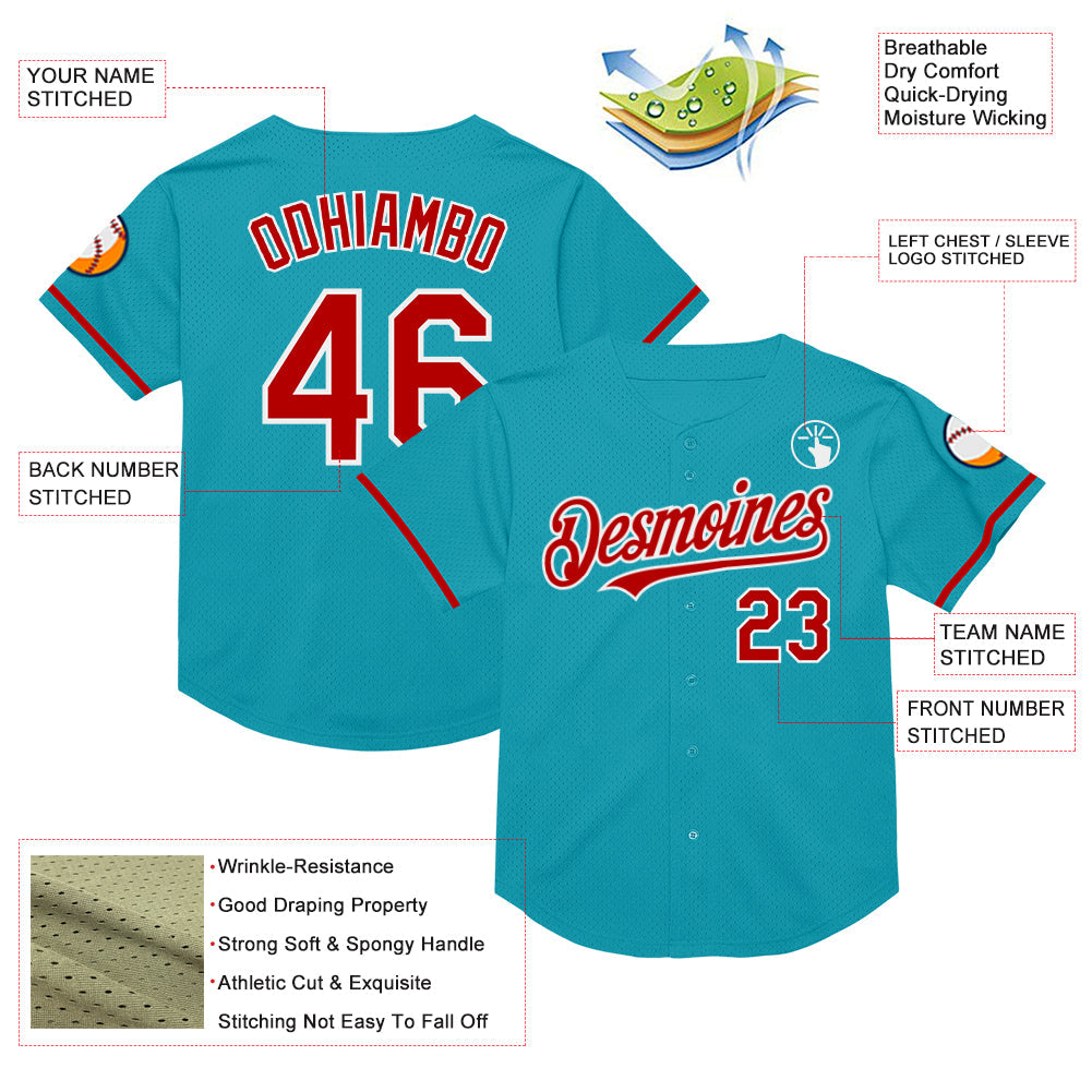 Custom Teal Red-White Mesh Authentic Throwback Baseball Jersey - Sky-Custom