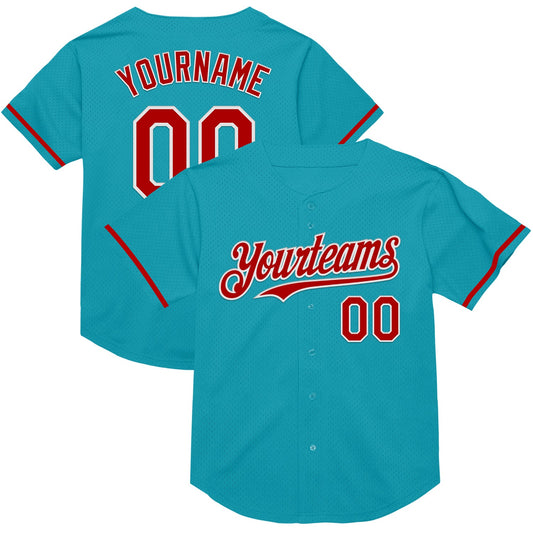 Custom Teal Red-White Mesh Authentic Throwback Baseball Jersey - Sky-Custom