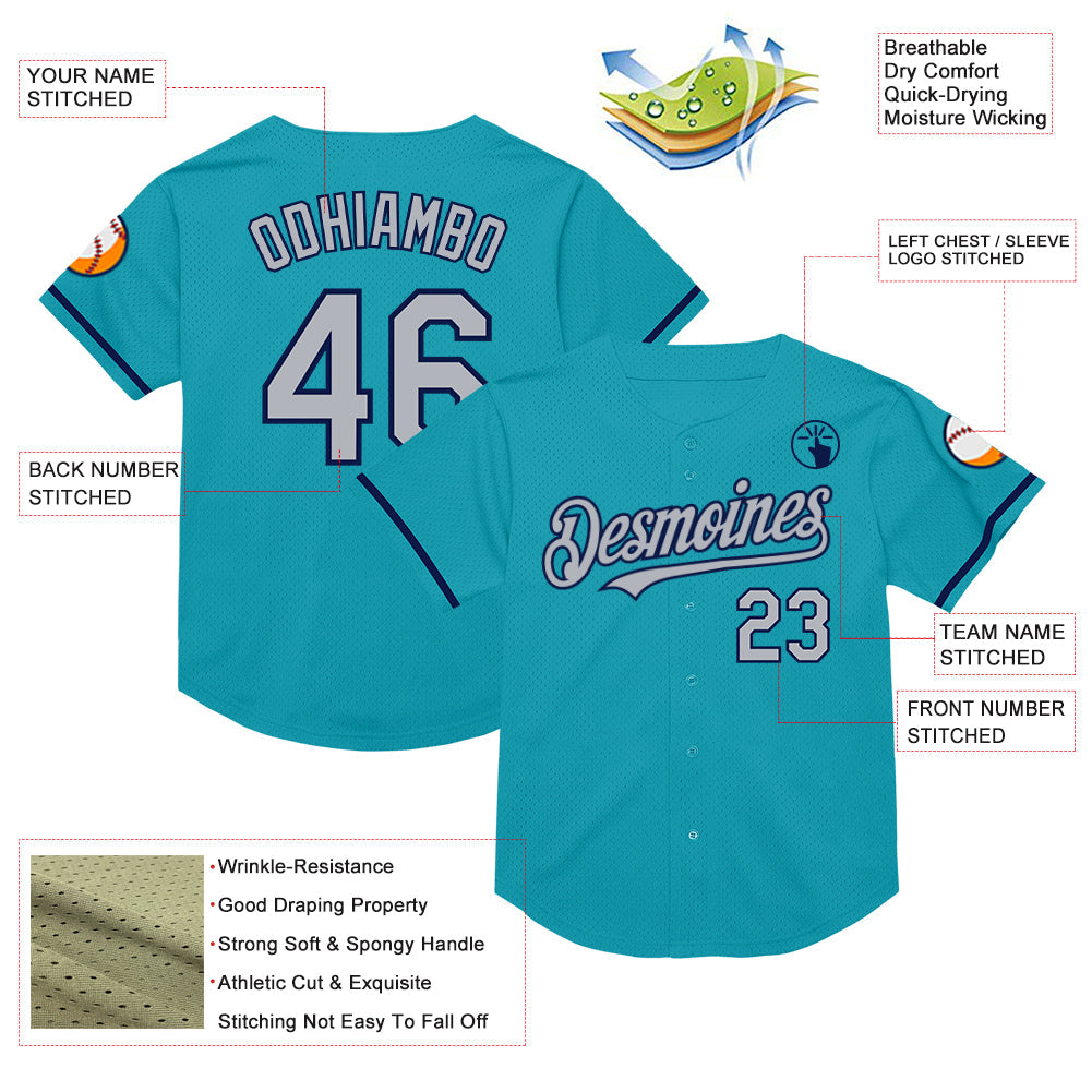 Custom Teal Gray-Navy Mesh Authentic Throwback Baseball Jersey - Sky-Custom