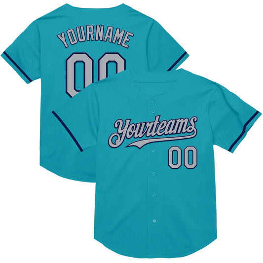 Custom Teal Gray-Navy Mesh Authentic Throwback Baseball Jersey - Sky-Custom