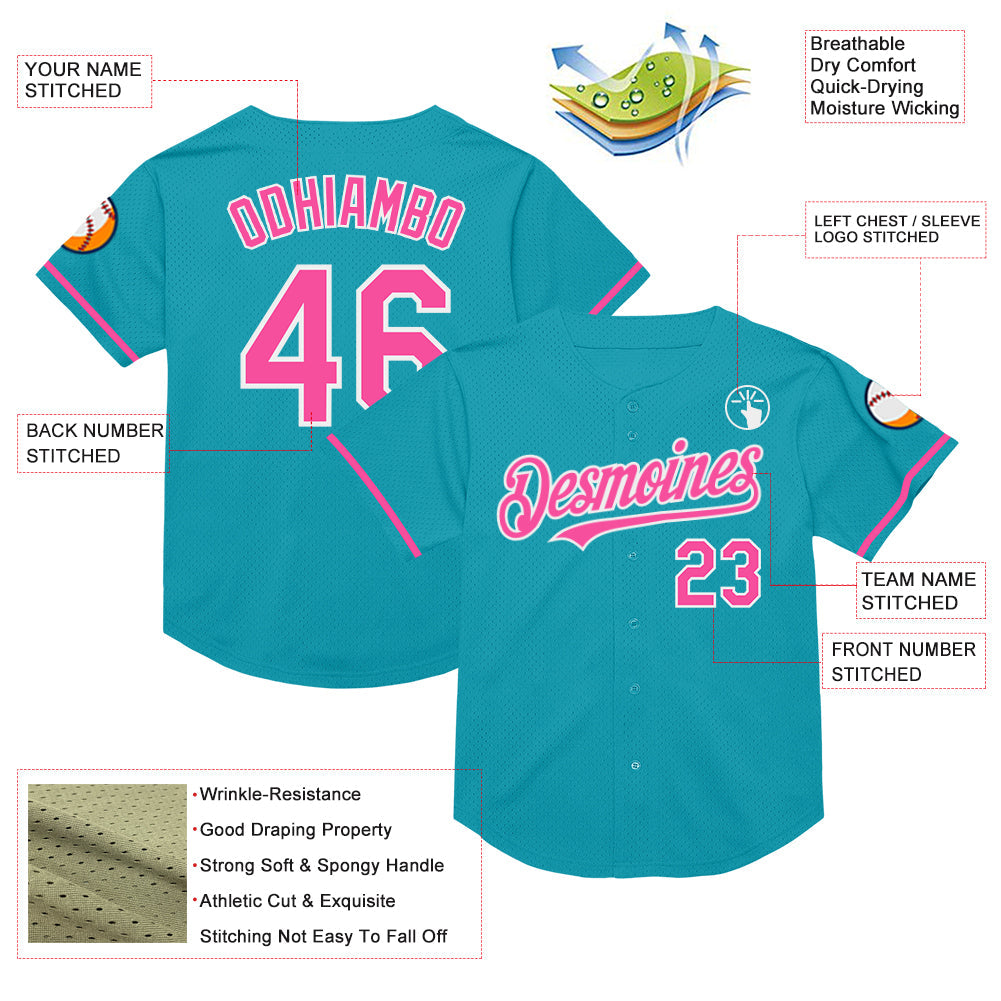 Custom Teal Pink-White Mesh Authentic Throwback Baseball Jersey - Sky-Custom