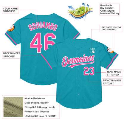 Custom Teal Pink-White Mesh Authentic Throwback Baseball Jersey - Sky-Custom