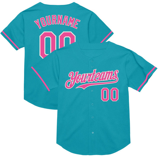 Custom Teal Pink-White Mesh Authentic Throwback Baseball Jersey - Sky-Custom