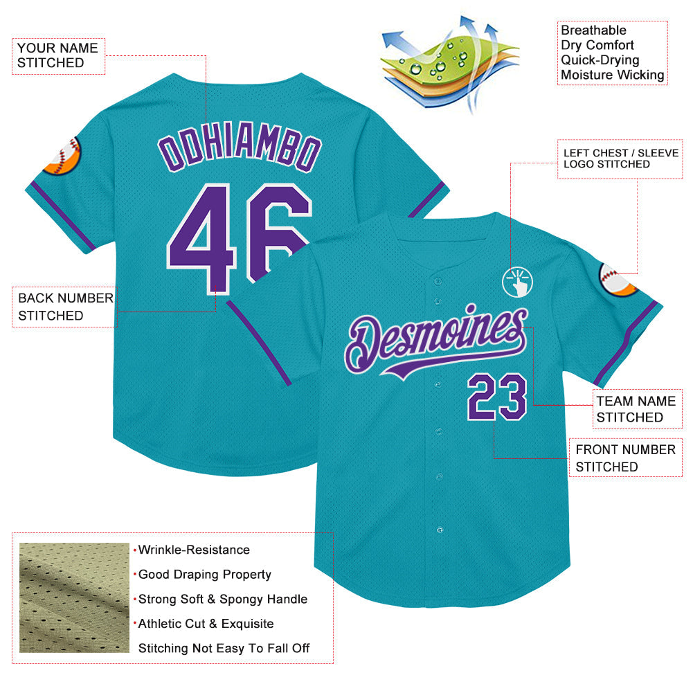 Custom Teal Purple-White Mesh Authentic Throwback Baseball Jersey - Sky-Custom