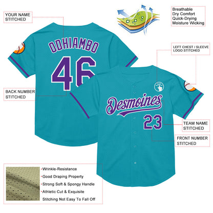 Custom Teal Purple-White Mesh Authentic Throwback Baseball Jersey - Sky-Custom
