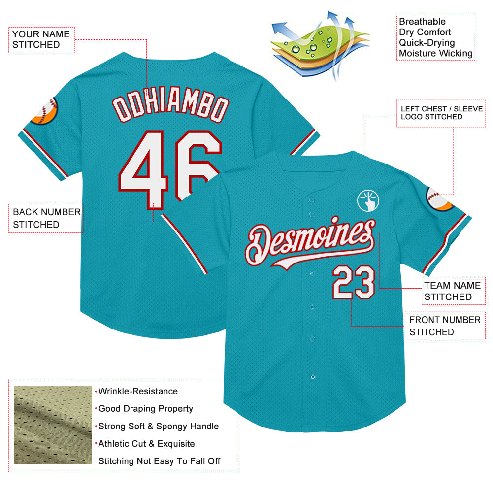 Custom Teal White-Red Mesh Authentic Throwback Baseball Jersey - Sky-Custom