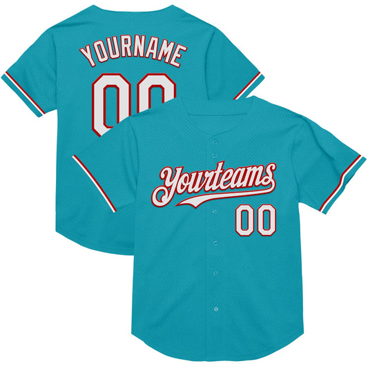 Custom Teal White-Red Mesh Authentic Throwback Baseball Jersey - Sky-Custom
