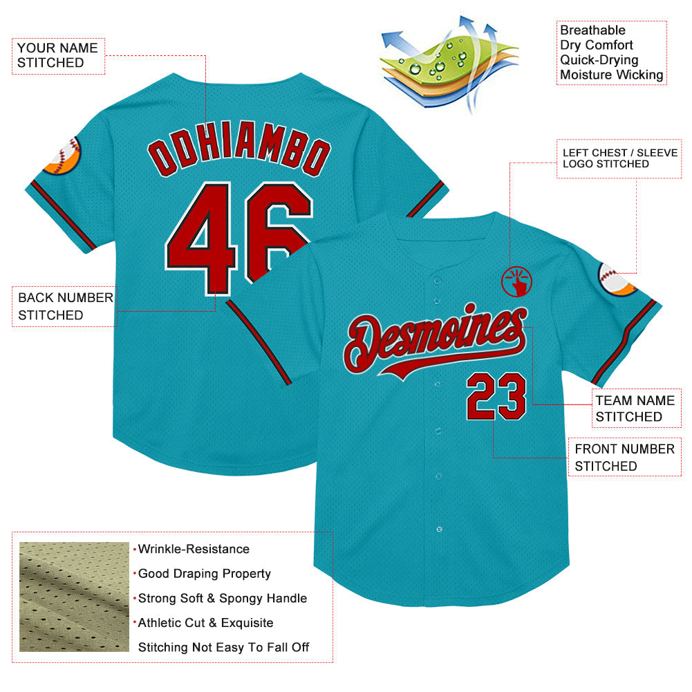Custom Teal Red-Black Mesh Authentic Throwback Baseball Jersey - Sky-Custom